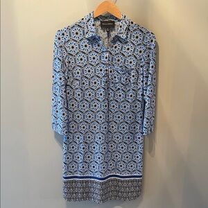 Donna Morgan 3/4 sleeve Dress in Blue and White Geometric Pattern Size 6P